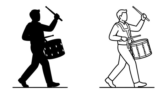 Drummer in Silhouette and Line Art: A drummer is depicted both as a solid silhouette and as a clean line drawing, both marching and playing a drum with sticks, ready to perform.