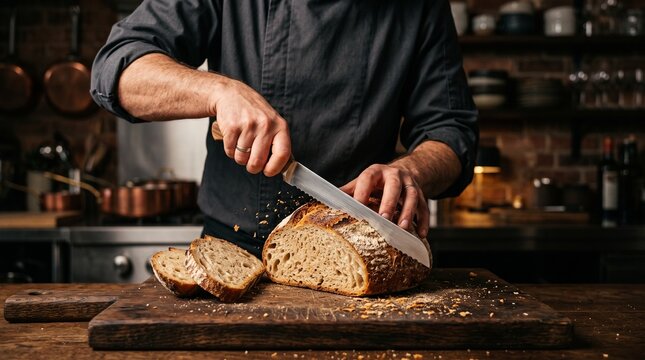 Chef slicing fresh crusty sourdough bread loaf on wooden cutting board