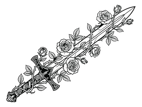 Line art illustration of a dagger entwined with roses depicting a floral sword motif for tattoo and gothic design