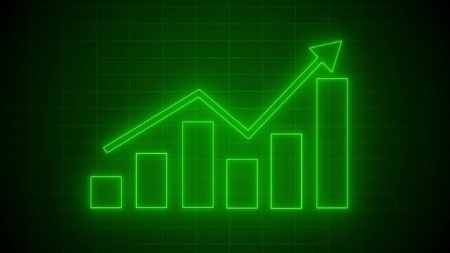 Glowing neon-style outline of a bar chart with five vertical bars and a downward arrow above animation