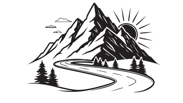 Vintage mountain landscape vector illustration, rustic outdoor wilderness scene with winding road and sun, black and white nature travel emblem