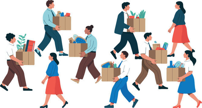 Office Worker Carrying Boxes Collection, Employee Relocation Vector Illustration Set for Business Moving Workplace Design Pack