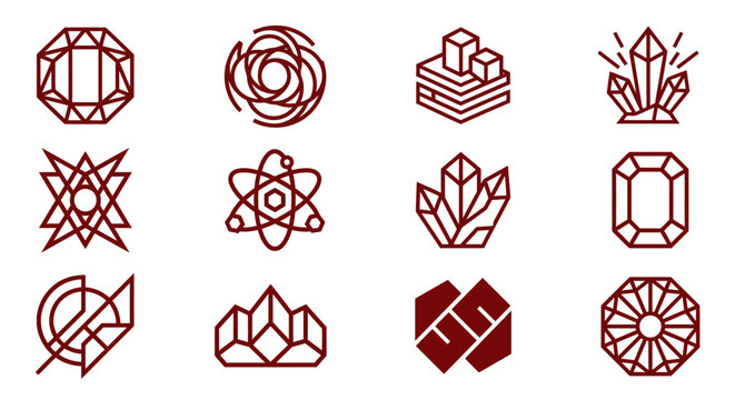 Geometric dark red gemstone and crystal line art icons.