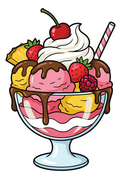 Cartoon illustration of an ice cream sundae depicting layered scoops with chocolate sauce whipped cream and fresh fruit toppings for dessert menu design