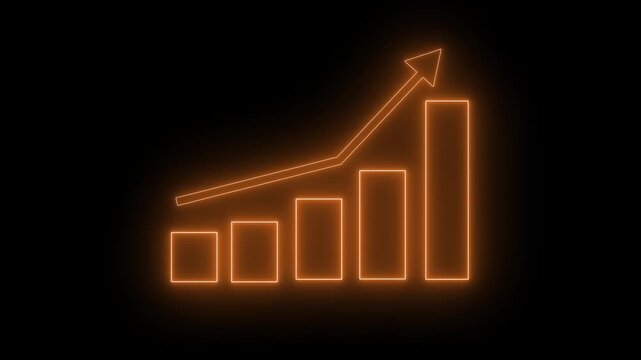 Neon-style glowing bar chart with five ascending bars and an upward arrow animation on a black background