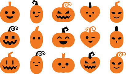 Obraz premium A collection of cute hand drawn pumpkins with various funny and spooky facial expressions isolated on a plain white background