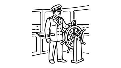 Captain at the Helm: A stern captain, dressed in a crisp uniform and cap, stands confidently at the ship's wheel, guiding the vessel through the open water. © Khadiza