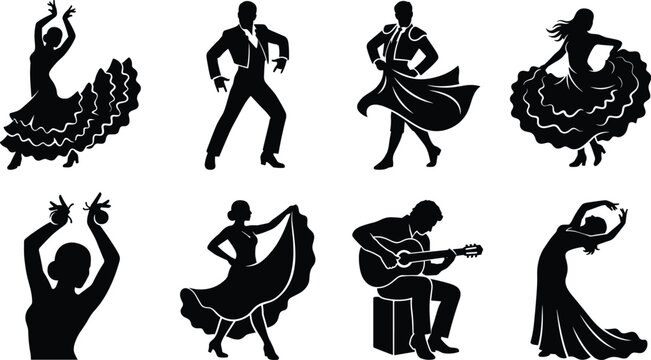 Traditional Spanish Flamenco Dancers Matador and Guitarist Vector Silhouette Set for Culture and Performance Designs