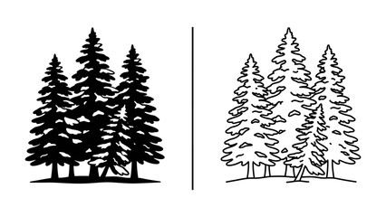 Fototapeta premium Pine Forest Icons: A comparison of two artistic representations of a cluster of pine trees, one as a solid black silhouette and the other as a detailed line drawing.
