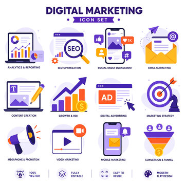 Digital Marketing Icon Set with SEO, Social Media, Email Marketing, Analytics, Advertising and Conversion Funnel Flat Vector Collection