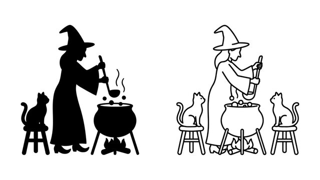Witch Brewing Potion with Cat Companions: Two illustrative styles, one a black silhouette and the other a line drawing, depict a witch in a pointed hat stirring a bubbling cauldron over a fire.