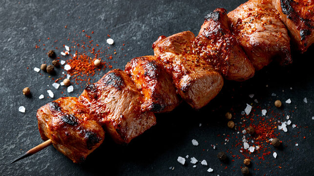 Gegrillter Fleischspie&szlig; mit Gew&uuml;rzen liegt auf dunklem Schiefer