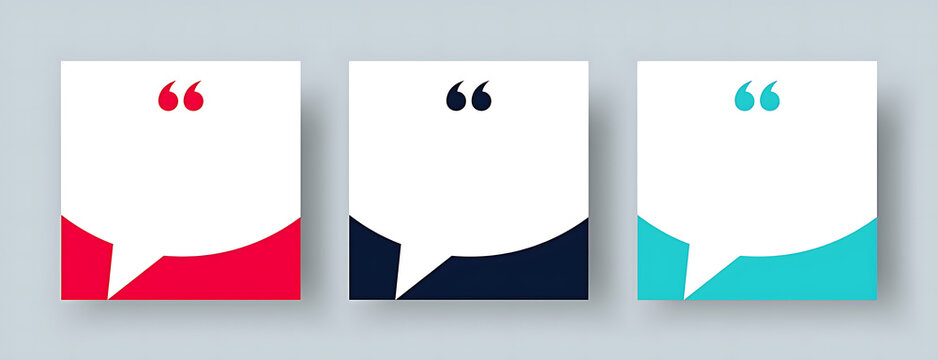 Quote box mockup set with speech bubble speech marks, social media post template for testimonial and quote display