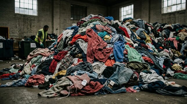 Pile of Discarded Clothing in Textile Recycling Facility Environment