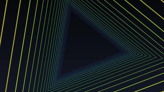 Glowing neon lines form an infinite triangle tunnel that pulses with a vibrant gradient of yellow, teal, and green.