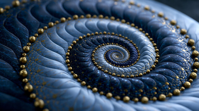 Blaue Fraktalspirale mit goldenen Perlen bildet muschelartiges Muster