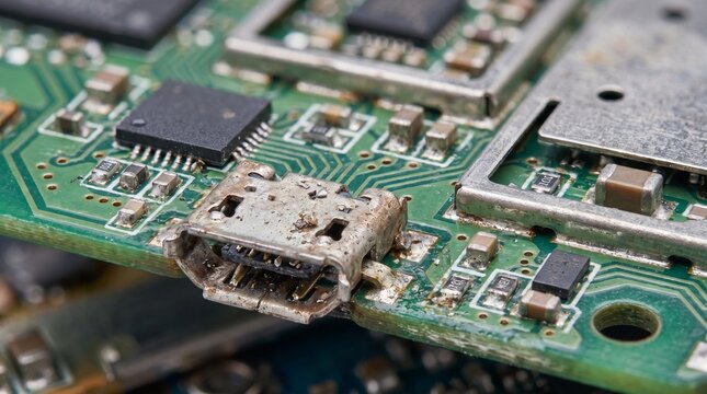 Circuitry board shows wear on the micro usb charging connector mounted to the damaged green surface.