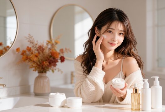 秋色の明るい室内で保湿クリームを使い艶肌をケアする若いアジア人女性