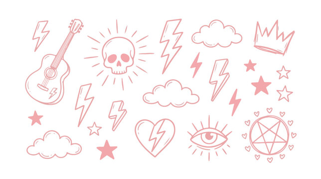 Pink Y2K aesthetic vector doodle set, hand-drawn emo punk rock symbols, trendy grunge skull, lightning, stars, and guitar elements for graphic design projects
