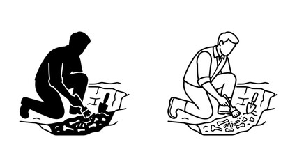 Archaeologist Excavating Site: A silhouette and outline illustration of an archaeologist carefully excavating ancient artifacts or fossils from an archaeological dig site. © Takiya