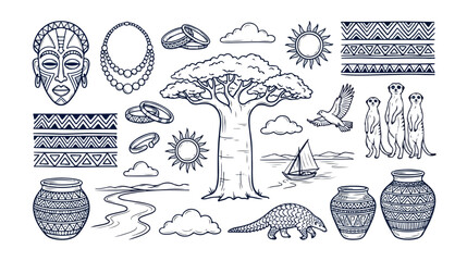 African safari vector collection, traditional tribal mask, ethnic jewelry, baobab tree, wild animals, decorative patterns, and pottery, hand-drawn black and white illustrations for travel and © Syed Awais