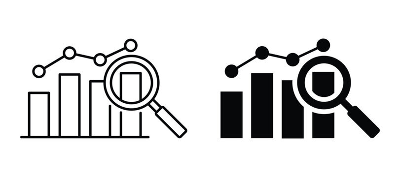 Set of black and white bar chart icons with a magnifying glass representing data analysis research performance tracking and financial business statistics