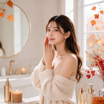 秋色の明るい室内で頬に触れ艶肌を確かめる若いアジア人女性