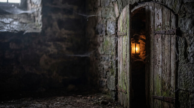 Haunted cellar entrance with a glowing lantern and thick spiderwebs on stone walls. This setting represents horror movie aesthetics and spooky underground dungeon concepts.