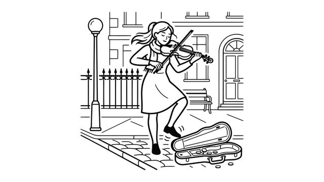 Street Violinist: A young woman plays the violin on a cobblestone street in front of quaint buildings, her open violin case at her feet inviting donations.
