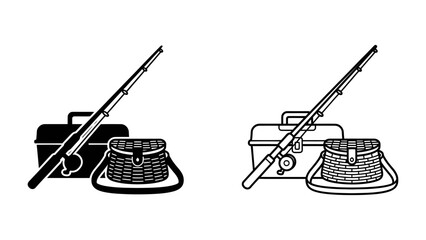 Fishing Gear Icons: A fishing rod rests against a tackle box next to a wicker creel, depicted in both solid black and outline versions, representing a hobby and outdoor pursuit. © Jannat