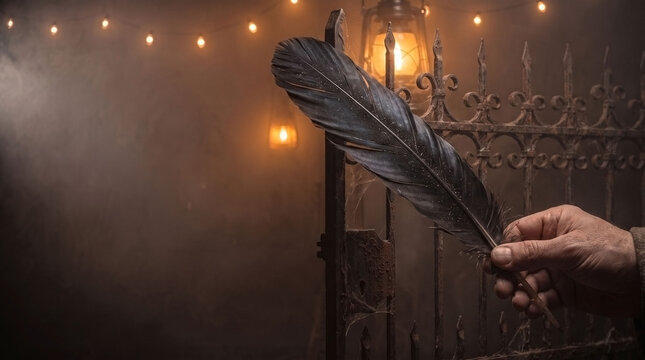 Man holding raven feather in front of a misty gate during the twilight hour. This concept explores bird symbolism and mystical gothic storytelling for literary covers.