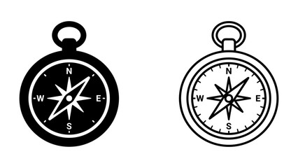 Black and White Compass Icon: A clean and simple graphic representation of a compass in both solid black and outline style, perfect for navigation or exploration themes. © Raima