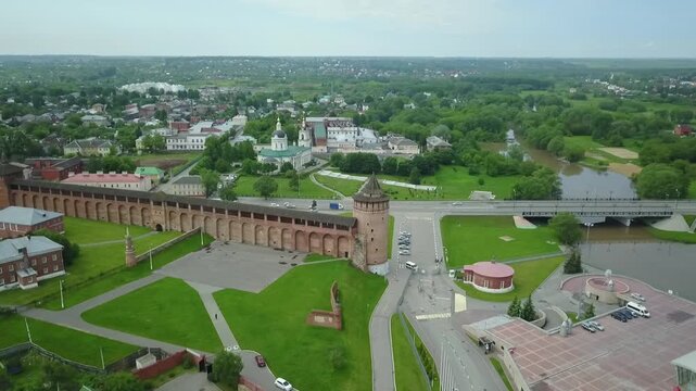 Drone flies forward and down toward the Dmitry Donskoy monument in Kolomna
