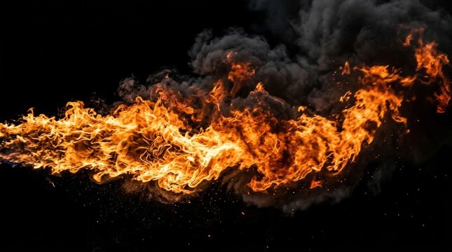 Dynamic stream of vibrant orange and yellow flames with billowing dark grey smoke spreading across a deep black background, symbolizing raw power, intense heat, and potentially destructive energy