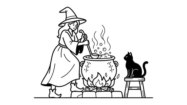 Witch Brewing Potion with Black Cat
