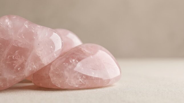 Three tumbled and polished rose quartz gemstones with soft pink hues resting on a light, textured surface providing a serene ambiance.