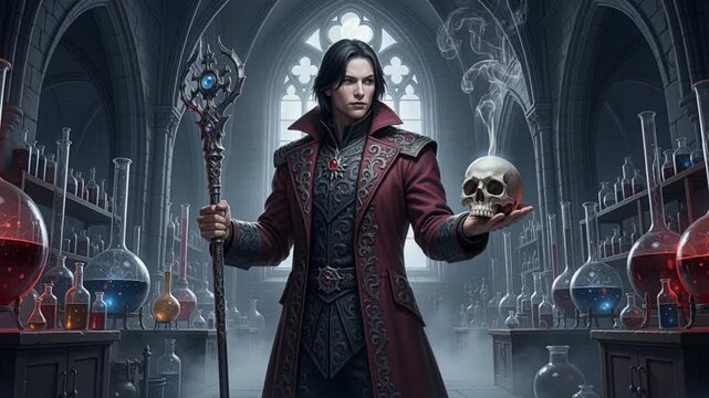 Crimson Cloak Mage in Gothic Alchemy Lab, Holding Skull, Staff, Smoke Rising