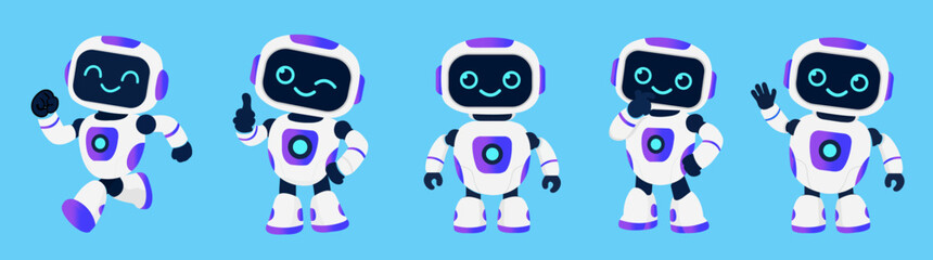 AI robot character creator kit with editable body parts and cartoon poses flat vector illustration