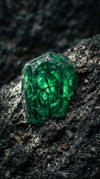 Macro shot of a raw emerald gemstone embedded in dark volcanic rock with intricate internal fractures illuminated