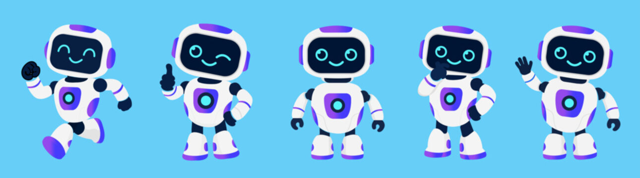AI robot character creator kit with editable body parts and cartoon poses flat vector illustration