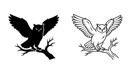 Naklejka premium Silhouette and Outline Owl on Branch: A graphic representation of an owl in silhouette and outline form, perched on a tree branch with wings outstretched, symbolizing wisdom and nocturnal nature.