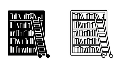 Bookcase Icons: A pair of stylized icons depicting a bookcase filled with books, complete with a rolling ladder, symbolizing knowledge and literature in both solid silhouette and outline styles. © Jannat