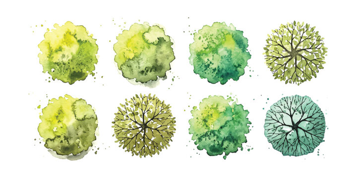 Set of eight watercolor trees top view for landscape design and architectural site plans