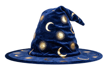 Obraz premium Blue Velvet Wizard Hat with Golden Moon and Sun Motifs