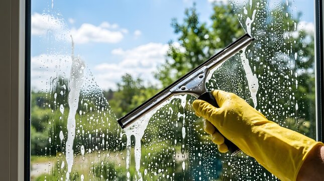 Cleaning window with squeegee and soapy water outdoors sunny day.