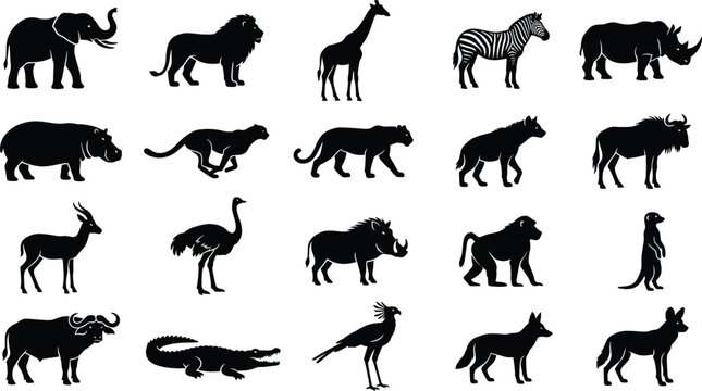 African Safari Wild Animals Black Silhouette Icon Set Featuring Savannah Fauna Symbols for Nature Logo Designs and Wildlife Vector Graphics