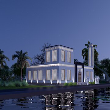 Illuminated mosque building at night near water