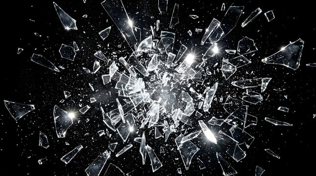 Broken shattered glass isolated on black background with light reflections.