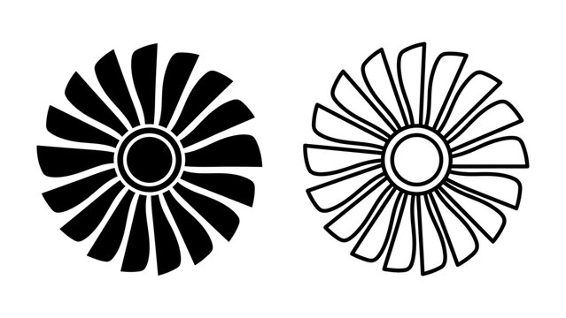 Turbine Blades Icons: Two stylized icons representing turbine blades, one solid black and the other outlined, showcasing a powerful engine component in a clean, graphic style.