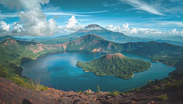 Majestic Mount Rinjani and Segara Anak Lake Lombok Indonesia